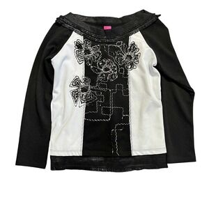 Save The Queen Italy Graphic Floral Top Black White Patchwork Long Sleeve‎ Sz Sm